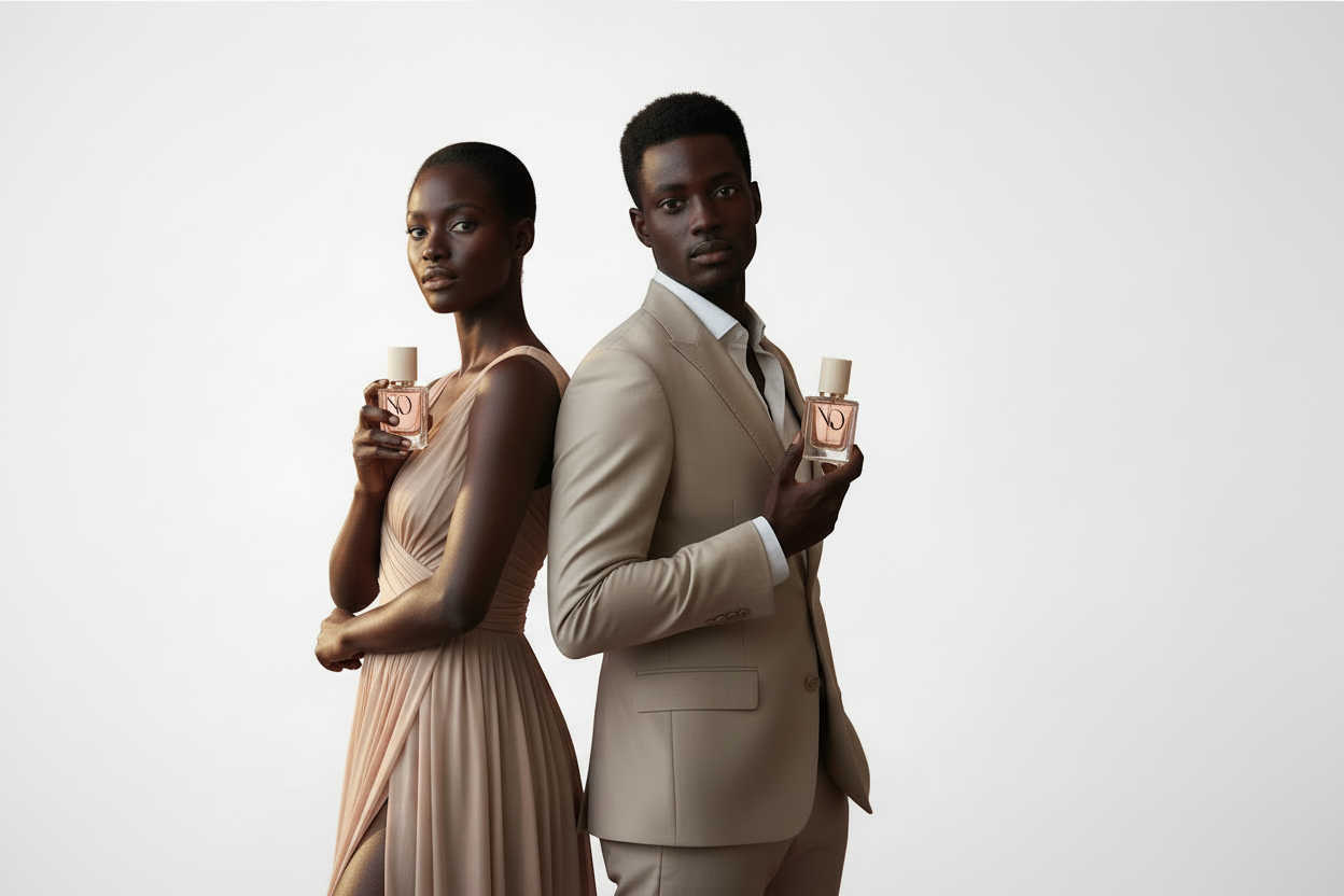 Luxury fragrance campaign – white background, matching outfits